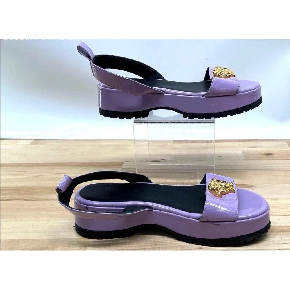 Versace Medusa Platform Sandals Kids Lilac Purple Good Patent Leather Gold 2-33